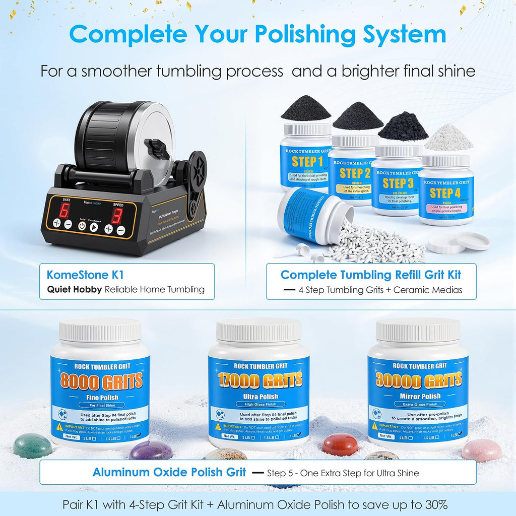 K1 Quiet Rock Tumbler Kit for Adults, Kids & Hobbyists | Reliable 2.5Lb Rotary Rock Polisher, Thick Rubber Barrel, 3 Speeds, 9-Day Timer, Memory Function, Complete Gem Polishing Kit