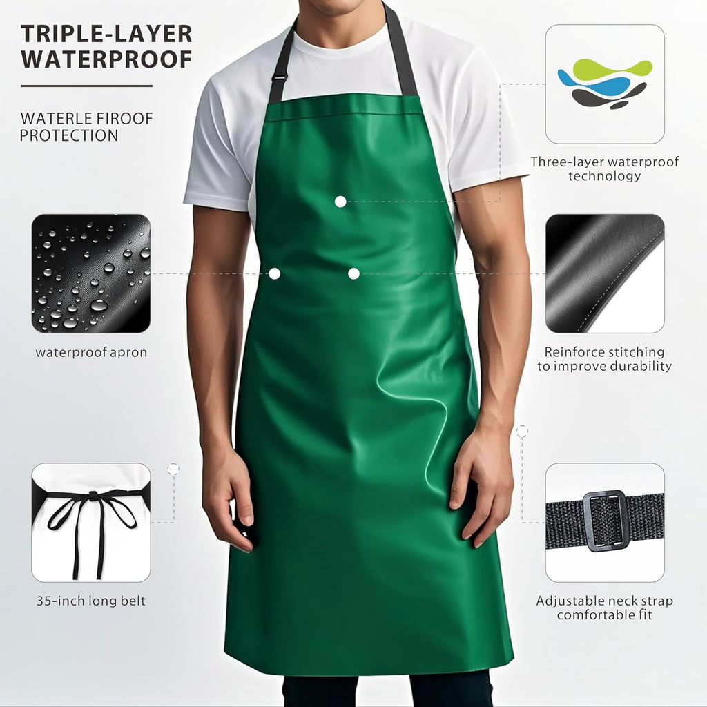 GoldPig Waterproof Apron, Chemical Resistant for Dishwashing | Rubber vinyl, adjustable apron, 40" extra long. Also great for grilling, lab, kitchen, butcher.