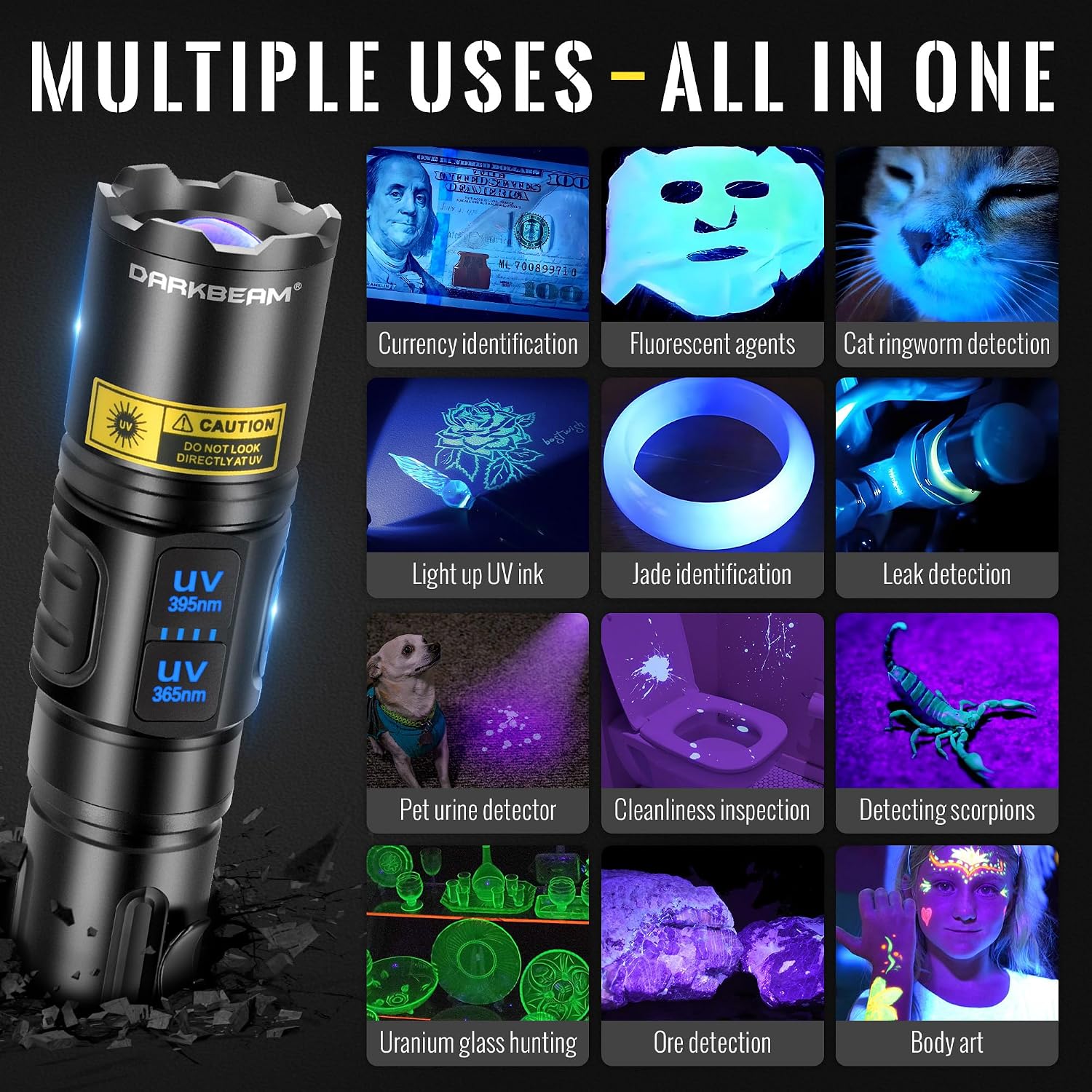 DARKBEAM UV Flashlight 365nm & 395nm Dual Black Light Woods Lamp Ringworm | 365 395 nm Blacklight Flashlights, Rechargeable LED Ultraviolet Powerful, for Pet Urine, Uranium Glass, Rocks, Resin Curing