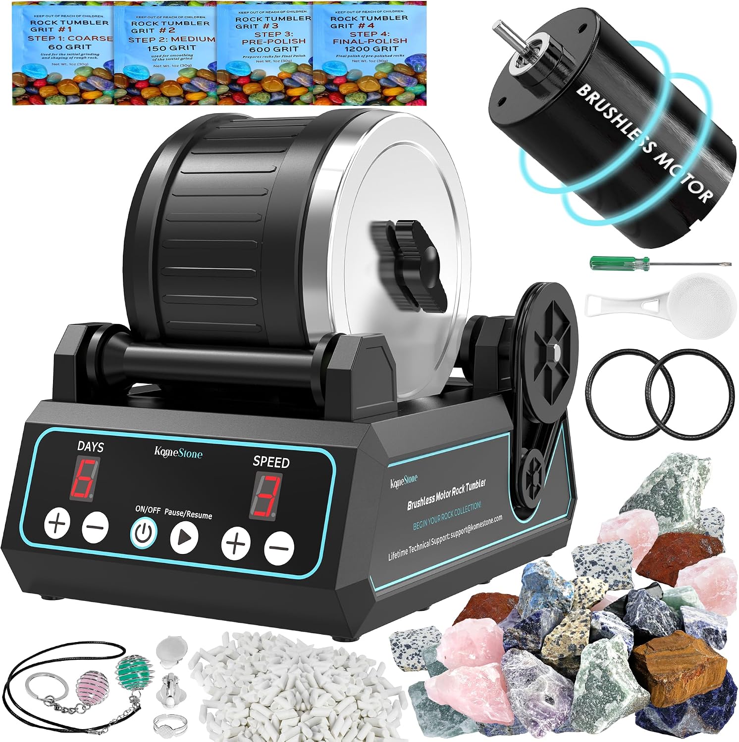 K1 Rock Tumbler Kit – Reliable Rotary Rock Polisher for Adults, Beginners & Hobbyists, 2.5LB Quiet Rubber Barrel with 3 Speeds, 9-Day Timer & Memory Function, Full Accessories Included, Ideal Gift