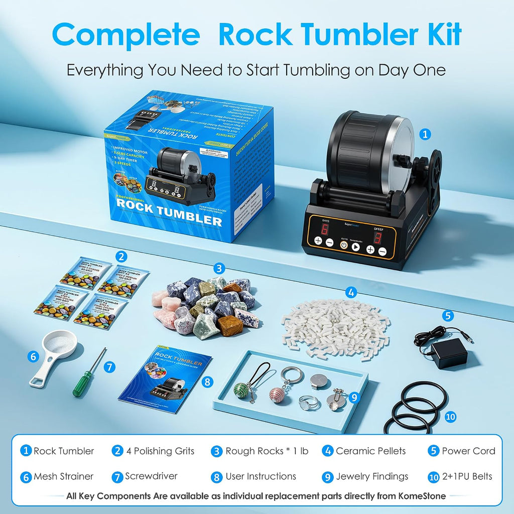 K1 Quiet Rock Tumbler Kit for Adults, Kids & Hobbyists | Reliable 2.5Lb Rotary Rock Polisher, Thick Rubber Barrel, 3 Speeds, 9-Day Timer, Memory Function, Complete Gem Polishing Kit