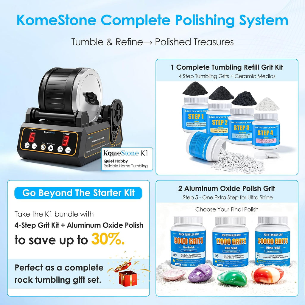 K1 Rock Tumbler Kit – Reliable Rotary Rock Polisher for Adults, Beginners & Hobbyists, 2.5LB Quiet Rubber Barrel with 3 Speeds, 9-Day Timer & Memory Function, Full Accessories Included, Ideal Gift