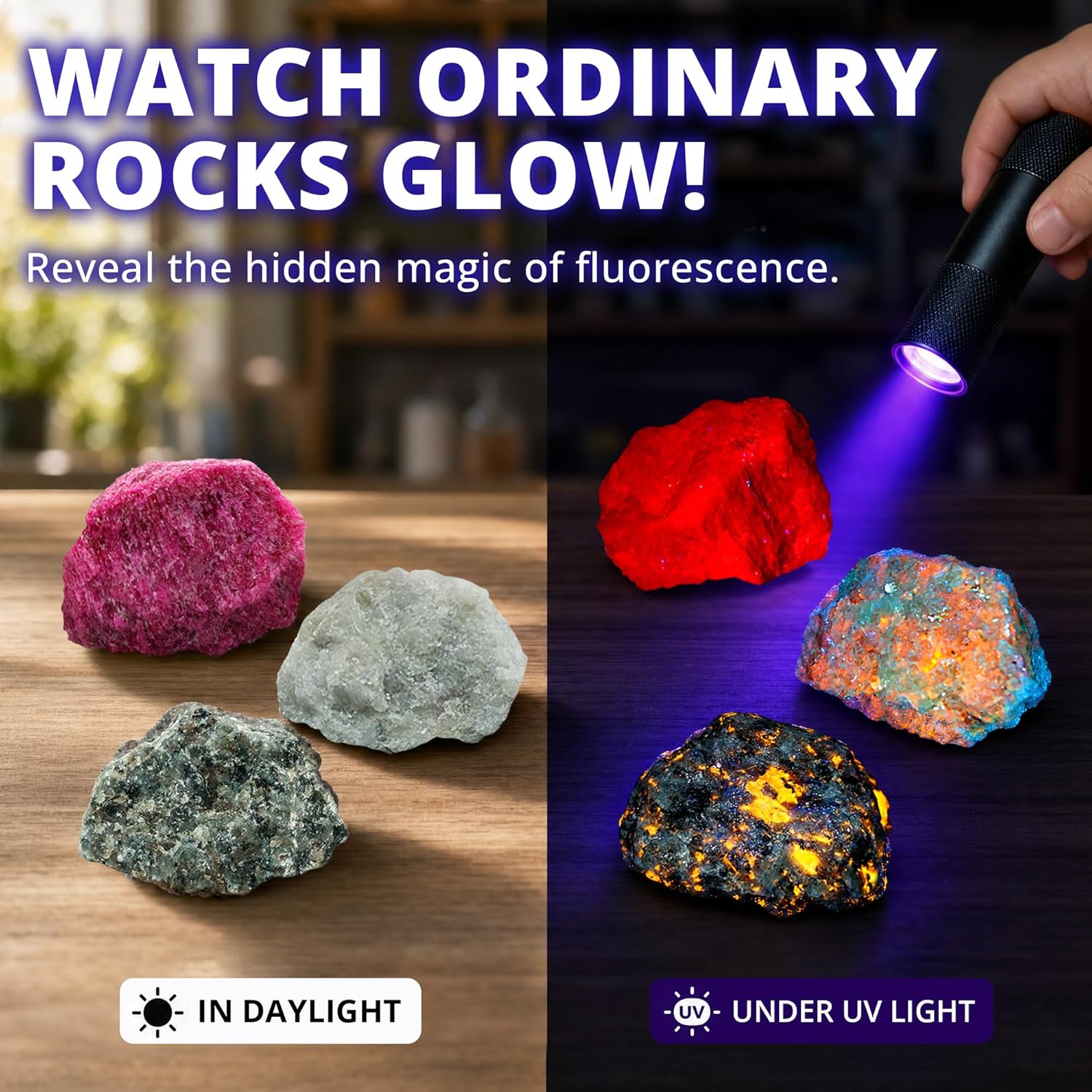 PIBEX Fluorescent Rock Science Kit with UV Flashlight - 6 Natural UV Glowing Rocks & Minerals Collection (~1.5" Each), Educational Geology Toy, Light-Up STEM Gifts for Kids Ages 6-12