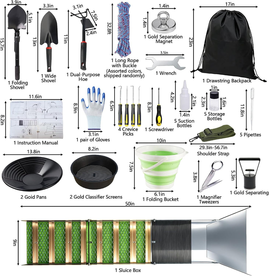 37pcs Gold Panning Kit Complete Gold Mining Equipment with 50" Folding Sluice Box Gold Pans Classifier Screen Separating Magnet Backpack etc Prospecting Set for Beginners Enthusiasts
