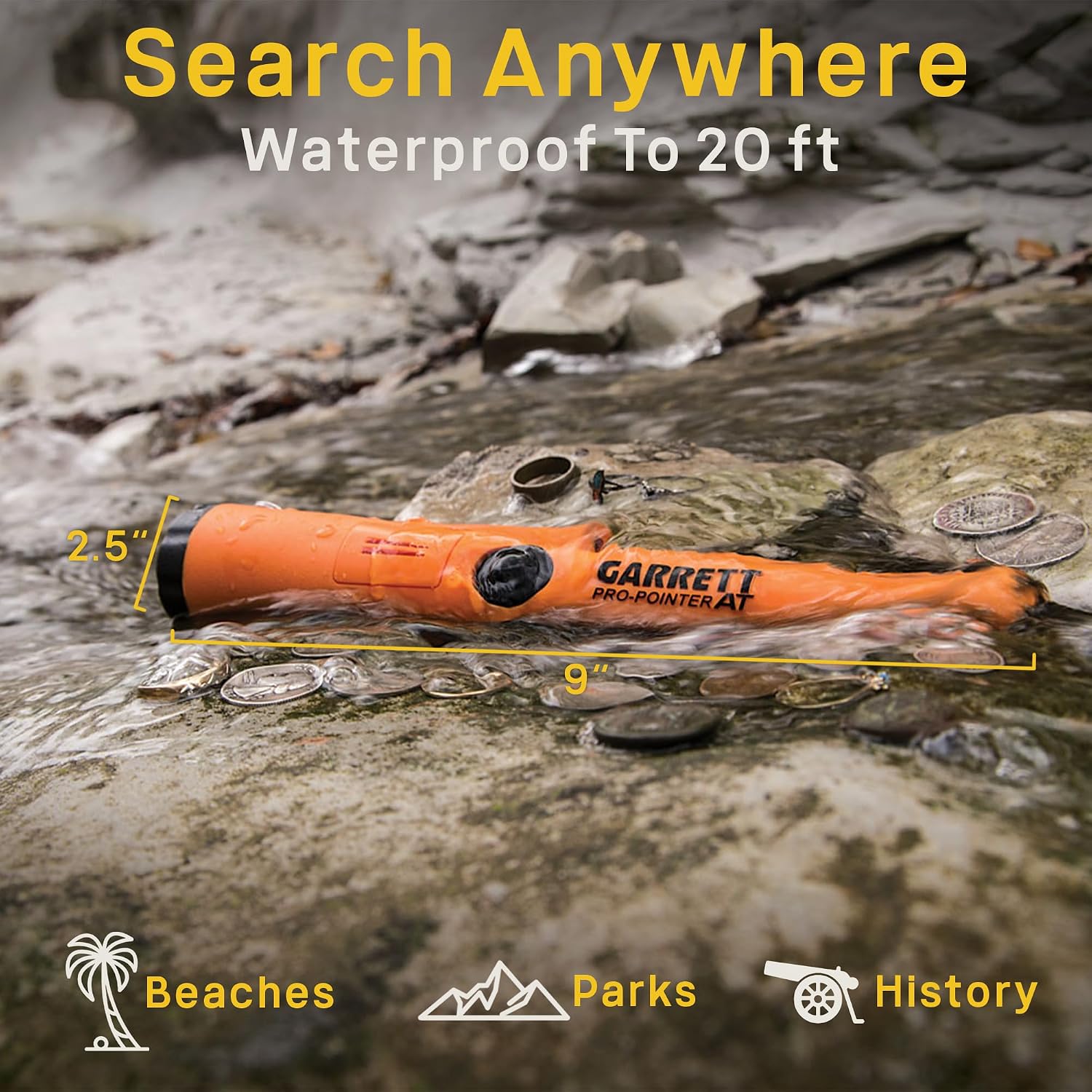 Garrett Pro-Pointer AT Waterproof Metal Detector - Made in The USA - 20ft Submersible, Orange Visibility, High Sensitivity for Nuggets & Small Targets, 3 Levels, Quick Button Adjustment