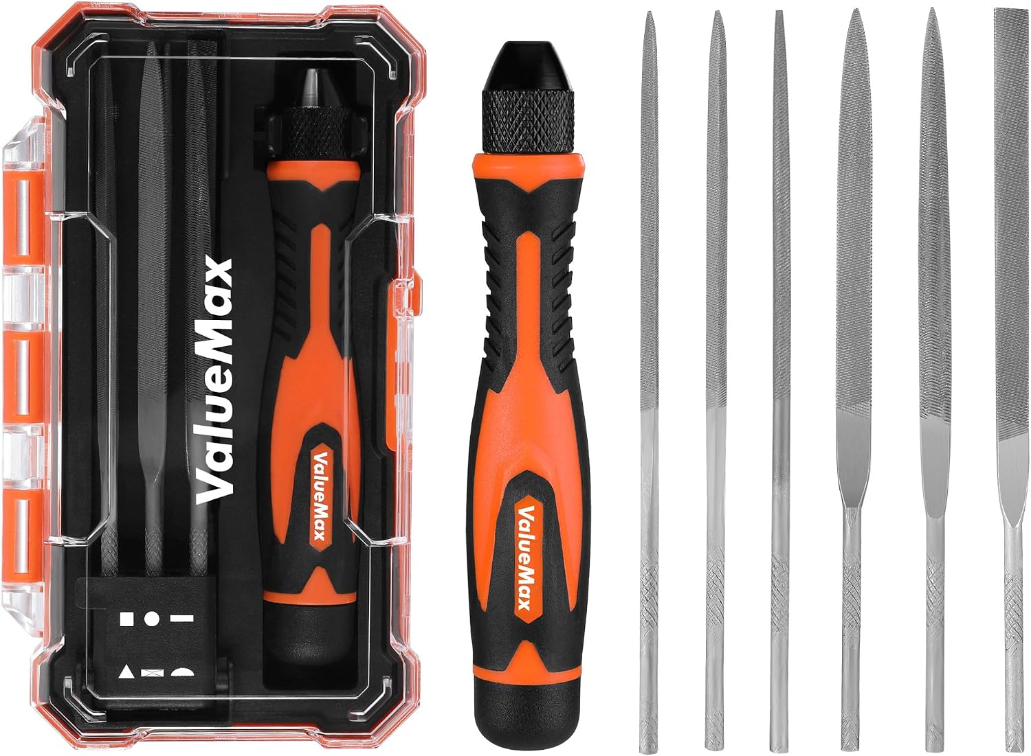 ValueMax 7PCS Interchangeable Needle File Set, Small File Set | Includes Flat, Flat Warding, Round, Half-Round, Square, Triangular File and Handle, For Shaping Metal, Wood, Jewelry, Plastic