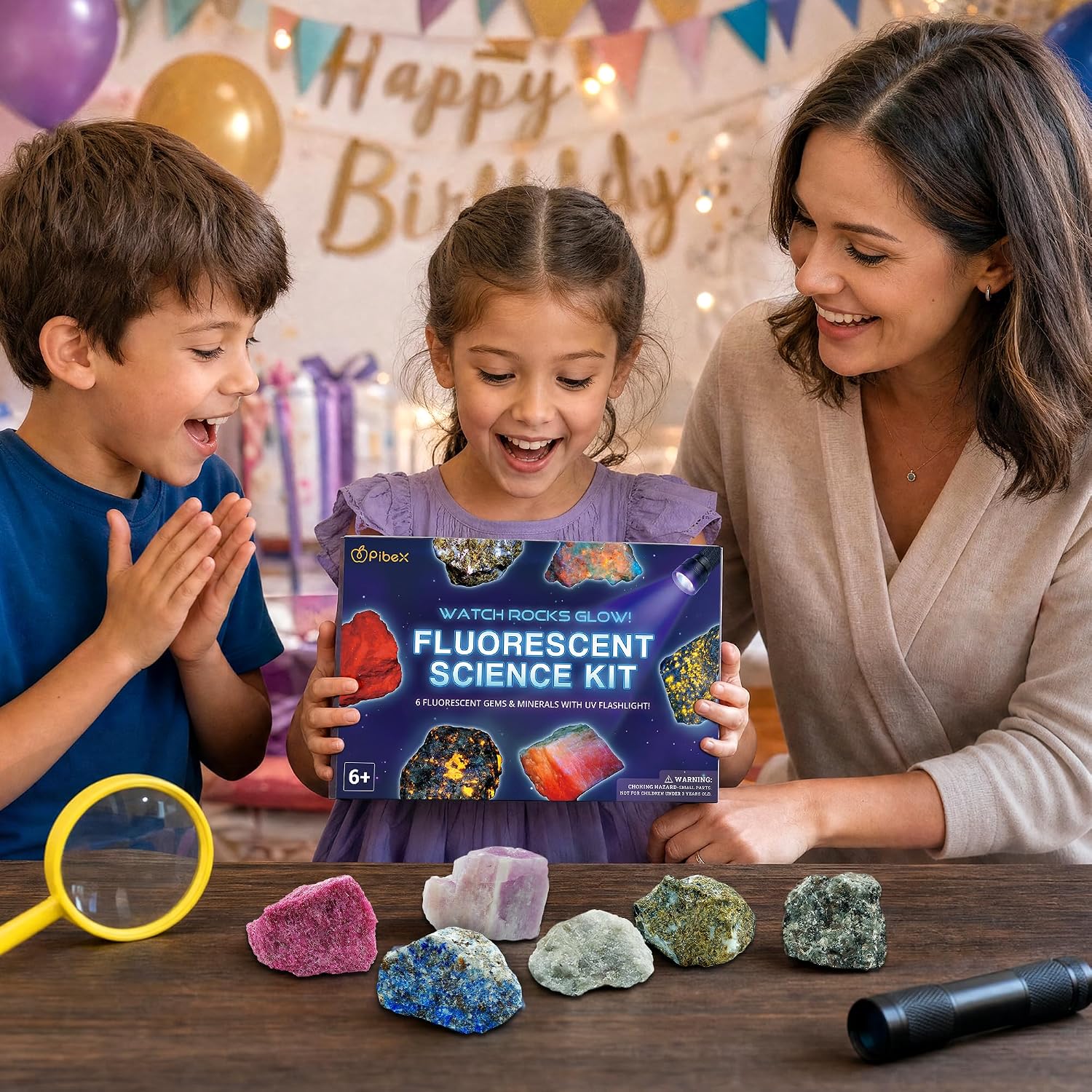 PIBEX Fluorescent Rock Science Kit with UV Flashlight - 6 Natural UV Glowing Rocks & Minerals Collection (~1.5" Each), Educational Geology Toy, Light-Up STEM Gifts for Kids Ages 6-12