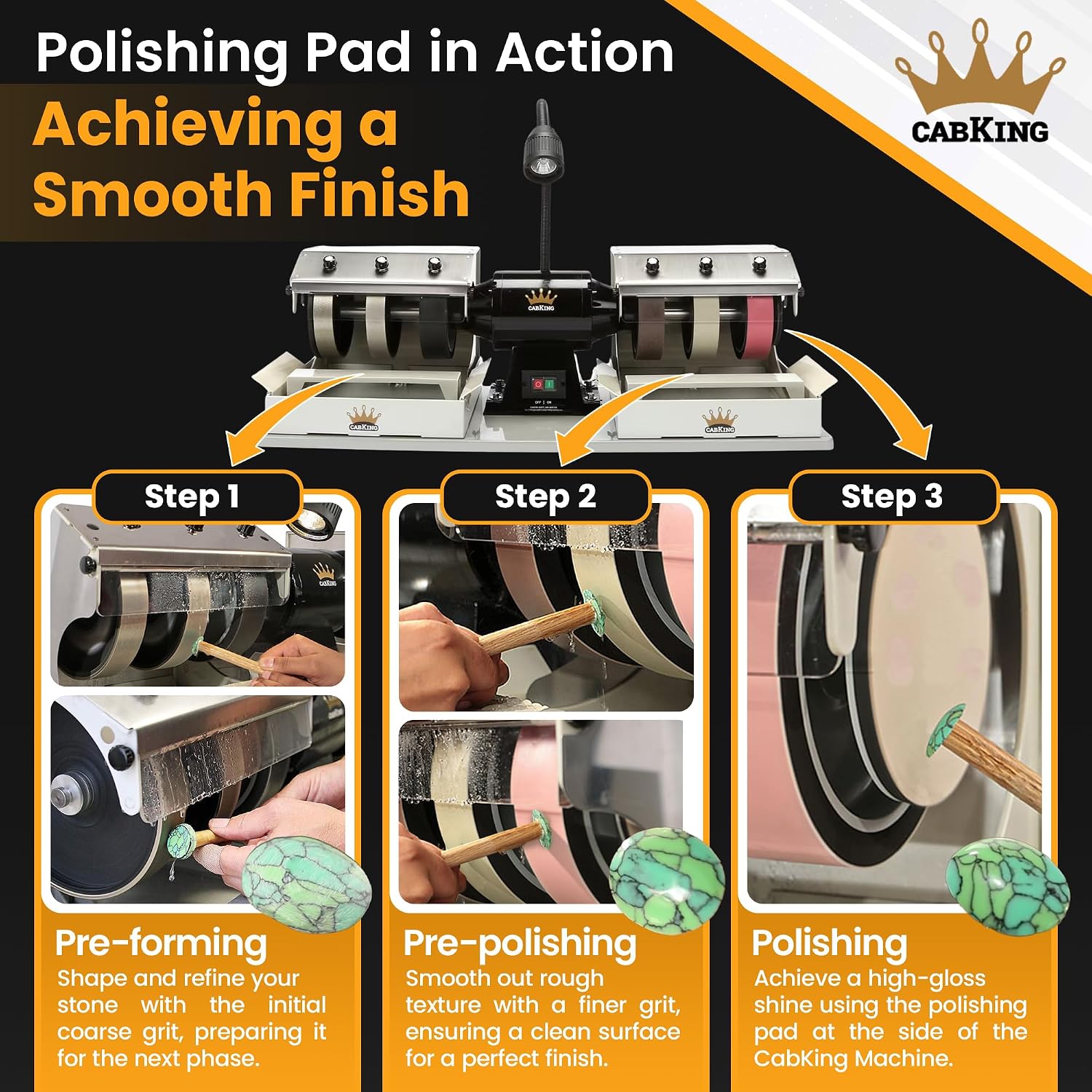 CabKing Cabbing Machine Lapidary Equipment – 8" Jewelry Making Tools for Gemstone Grinding & Rock Polisher, Cabochon Machine, Ring Making, LED Lamp, Water System & Complete Accessories Kit, 115V Only