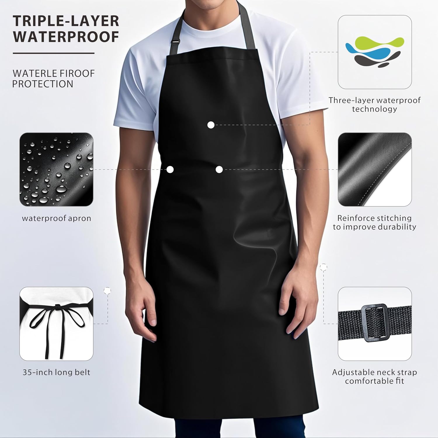 GoldPig Waterproof Apron, Chemical Resistant for Dishwashing | Rubber vinyl, adjustable apron, 40" extra long. Also great for grilling, lab, kitchen, butcher.