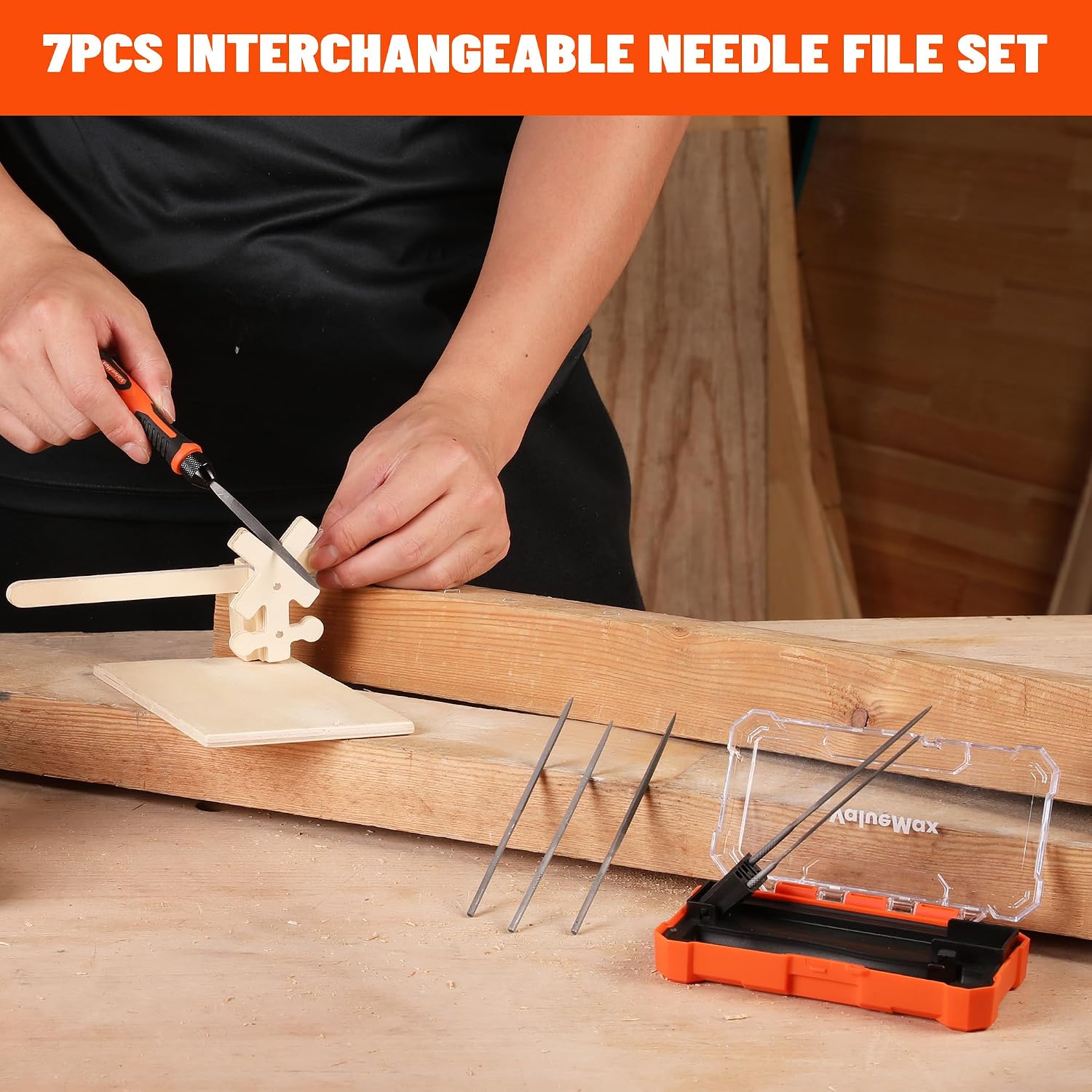 ValueMax 7PCS Interchangeable Needle File Set, Small File Set | Includes Flat, Flat Warding, Round, Half-Round, Square, Triangular File and Handle, For Shaping Metal, Wood, Jewelry, Plastic