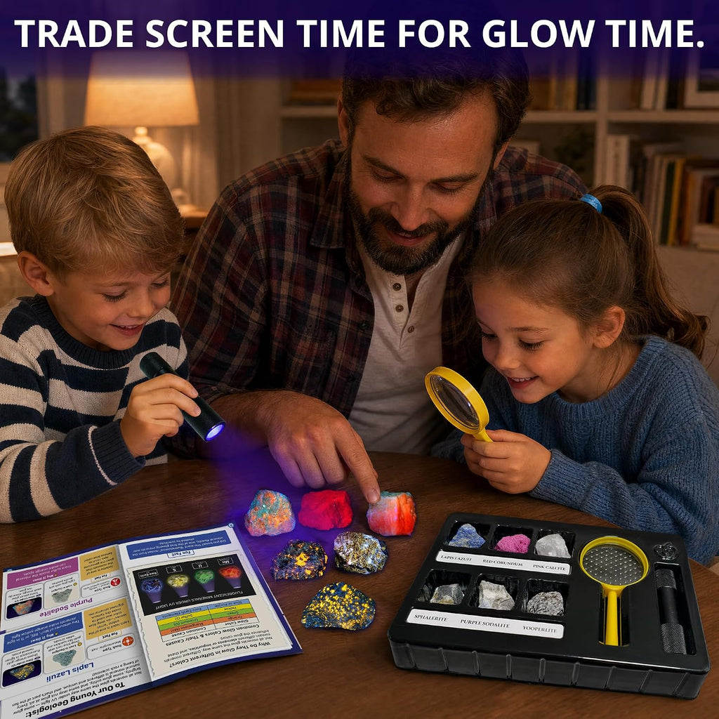 PIBEX Fluorescent Rock Science Kit with UV Flashlight - 6 Natural UV Glowing Rocks & Minerals Collection (~1.5" Each), Educational Geology Toy, Light-Up STEM Gifts for Kids Ages 6-12