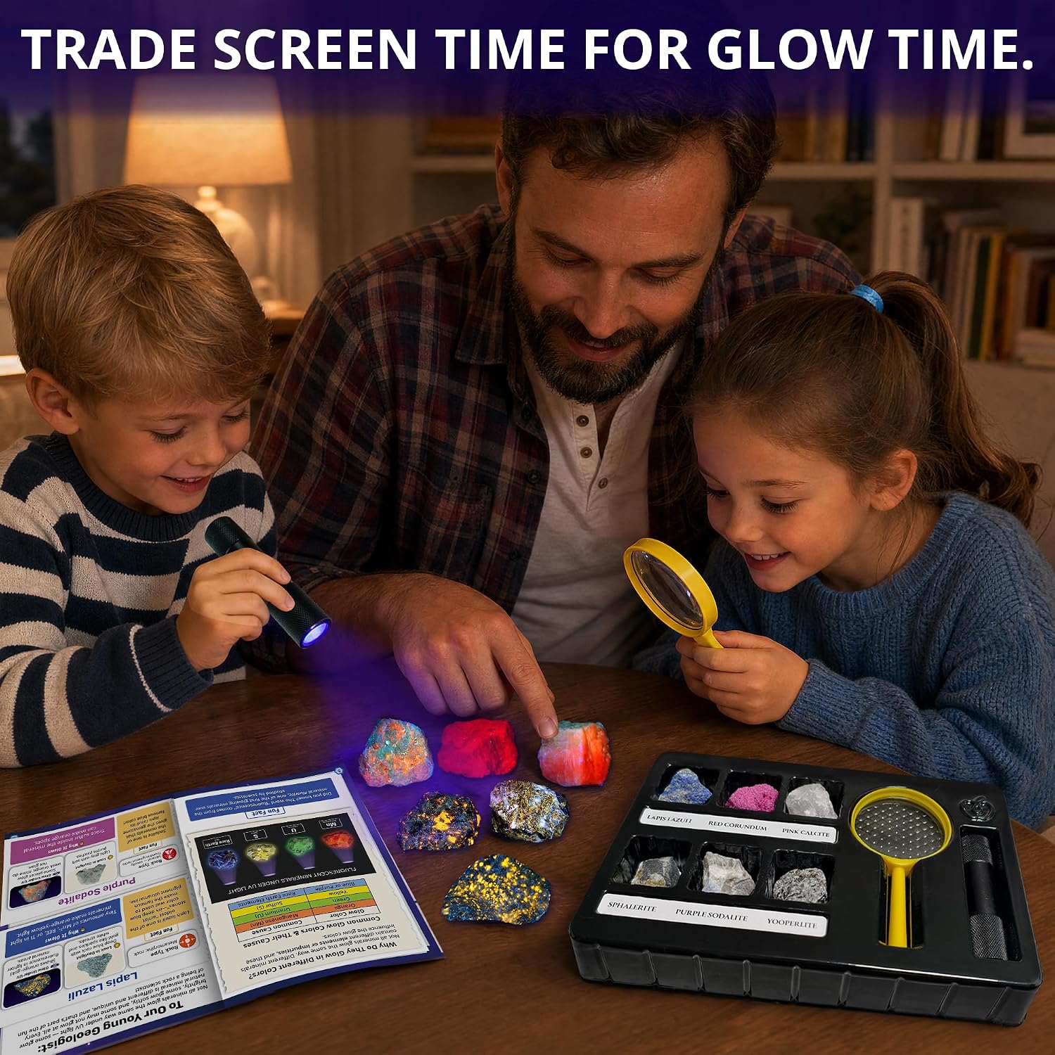 PIBEX Fluorescent Rock Science Kit with UV Flashlight - 6 Natural UV Glowing Rocks & Minerals Collection (~1.5" Each), Educational Geology Toy, Light-Up STEM Gifts for Kids Ages 6-12