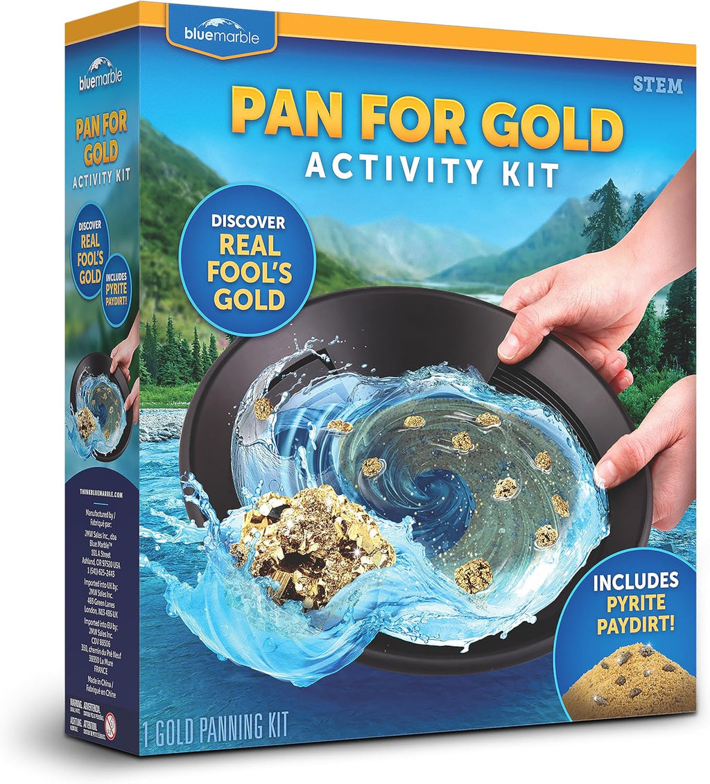Blue Marble Gold Panning Kit with Real Pyrite Pay Dirt Activity for Kids | Pay Dirt with Real Pyrite, Reusable Gold Pan, Vial and Tweezers, Prospecting Activity, Gold Mining Kit, Outdoor STEM Play