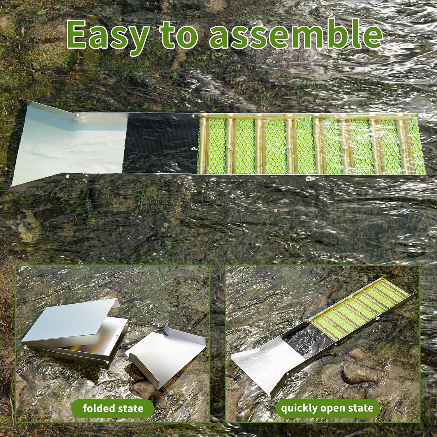 50 Inch Folding Aluminum Sluice Box Gold Panning Kit with Miner's Moss, Portable Lightweight Gold Prospecting Tool for River & Creek Dredging