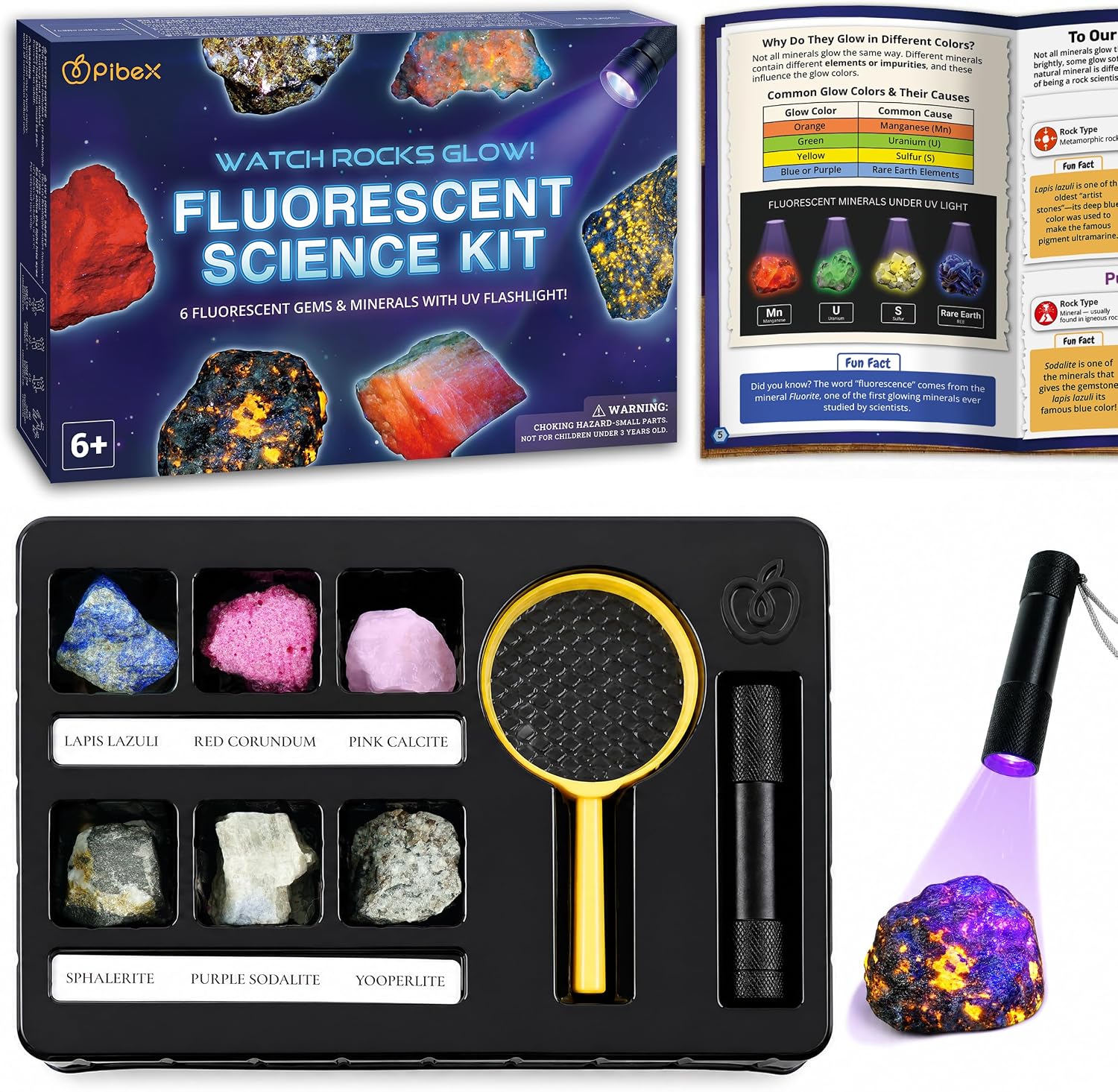 PIBEX Fluorescent Rock Science Kit with UV Flashlight - 6 Natural UV Glowing Rocks & Minerals Collection (~1.5" Each), Educational Geology Toy, Light-Up STEM Gifts for Kids Ages 6-12