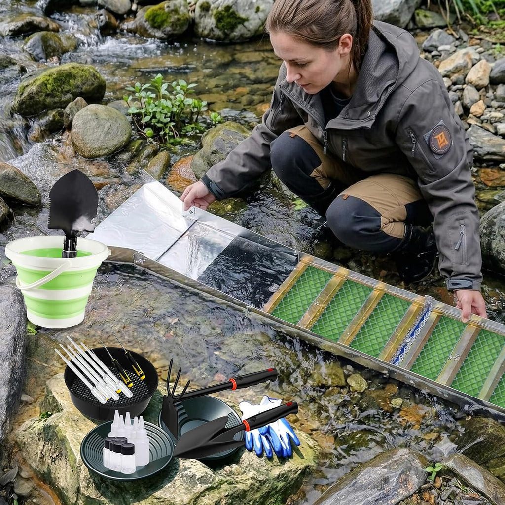 37pcs Gold Panning Kit Complete Gold Mining Equipment with 50" Folding Sluice Box Gold Pans Classifier Screen Separating Magnet Backpack etc Prospecting Set for Beginners Enthusiasts