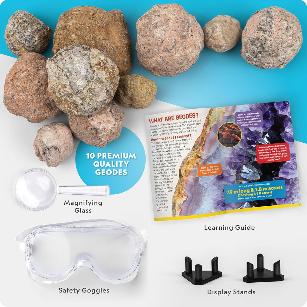 National Geographic Break Open 10 Premium Geodes for Kids Ages 8-12 | Safety Goggles, Real Crystal Geodes, Geology Science Kit, Break Your Own Geodes, STEM Activity, Birthday Gift