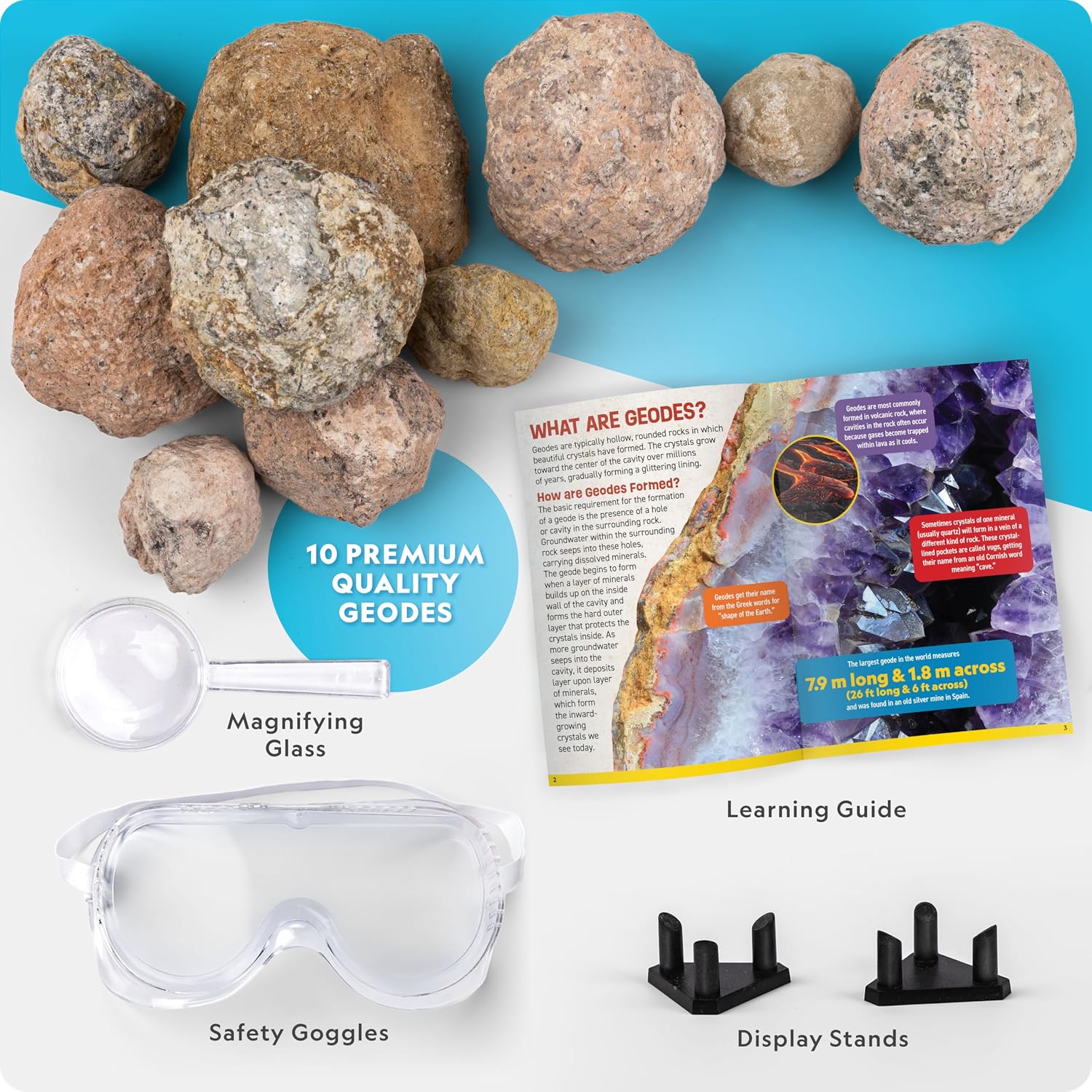 National Geographic Break Open 10 Premium Geodes for Kids Ages 8-12 | Safety Goggles, Real Crystal Geodes, Geology Science Kit, Break Your Own Geodes, STEM Activity, Birthday Gift
