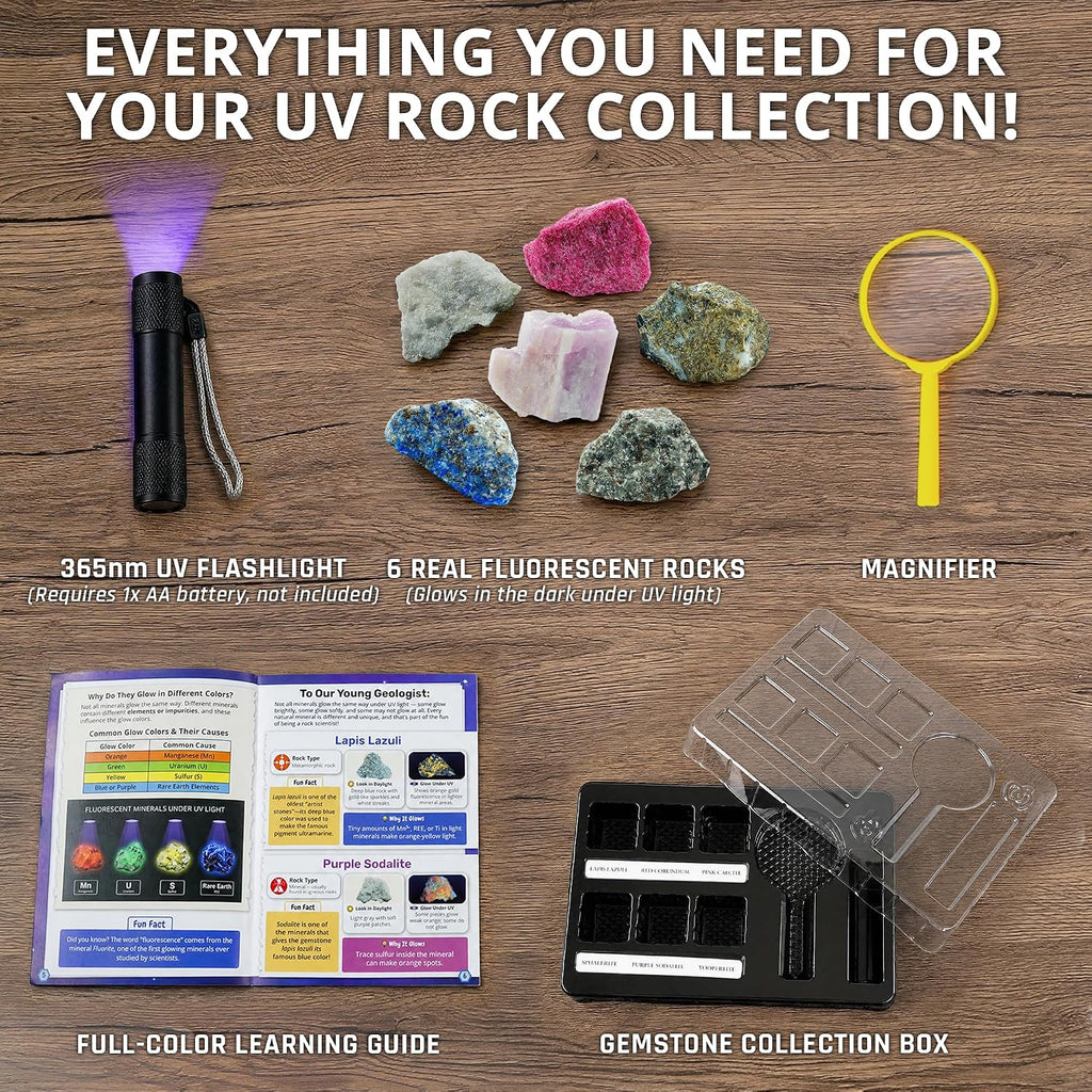 PIBEX Fluorescent Rock Science Kit with UV Flashlight - 6 Natural UV Glowing Rocks & Minerals Collection (~1.5" Each), Educational Geology Toy, Light-Up STEM Gifts for Kids Ages 6-12