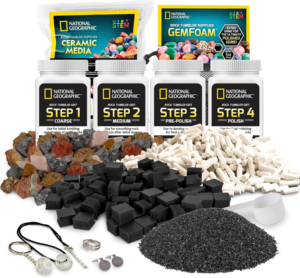NATIONAL GEOGRAPHIC Rock Tumbler Grit and Polish Refill Kit - Tumbling Grit Media, Polish Up to 20 lbs. of Rocks, Works with any Rock Polisher & Tumbler Supplies