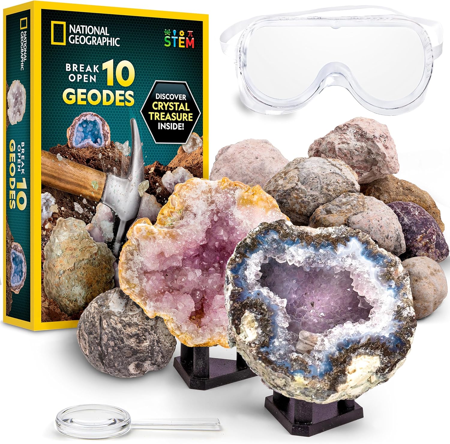 National Geographic Break Open 10 Premium Geodes for Kids Ages 8-12 | Safety Goggles, Real Crystal Geodes, Geology Science Kit, Break Your Own Geodes, STEM Activity, Birthday Gift