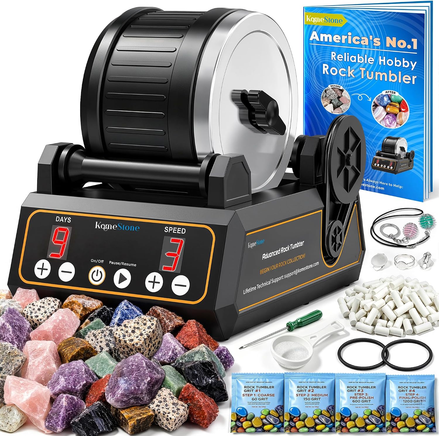 K1 Rock Tumbler Kit – Reliable Rotary Rock Polisher for Adults, Beginners & Hobbyists, 2.5LB Quiet Rubber Barrel with 3 Speeds, 9-Day Timer & Memory Function, Full Accessories Included, Ideal Gift