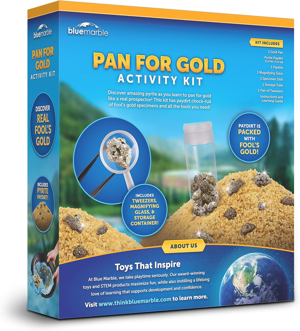 Blue Marble Gold Panning Kit with Real Pyrite Pay Dirt Activity for Kids | Pay Dirt with Real Pyrite, Reusable Gold Pan, Vial and Tweezers, Prospecting Activity, Gold Mining Kit, Outdoor STEM Play