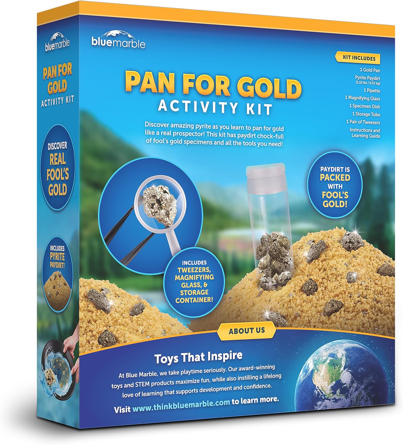 Blue Marble Gold Panning Kit with Real Pyrite Pay Dirt Activity for Kids | Pay Dirt with Real Pyrite, Reusable Gold Pan, Vial and Tweezers, Prospecting Activity, Gold Mining Kit, Outdoor STEM Play